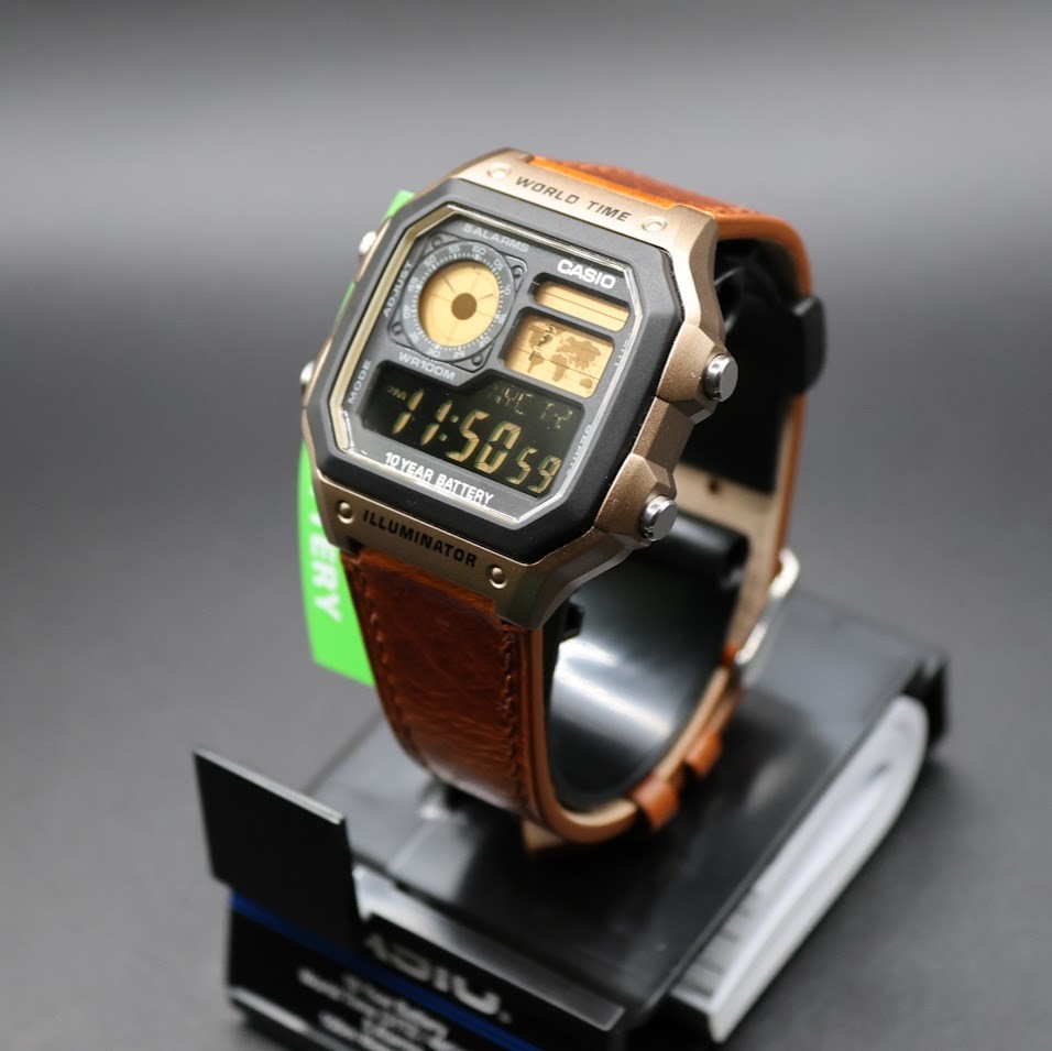 CASIO AE-1200WHD. Royale Watch Mod. Gold Filter. Leather Strap. Negative Display