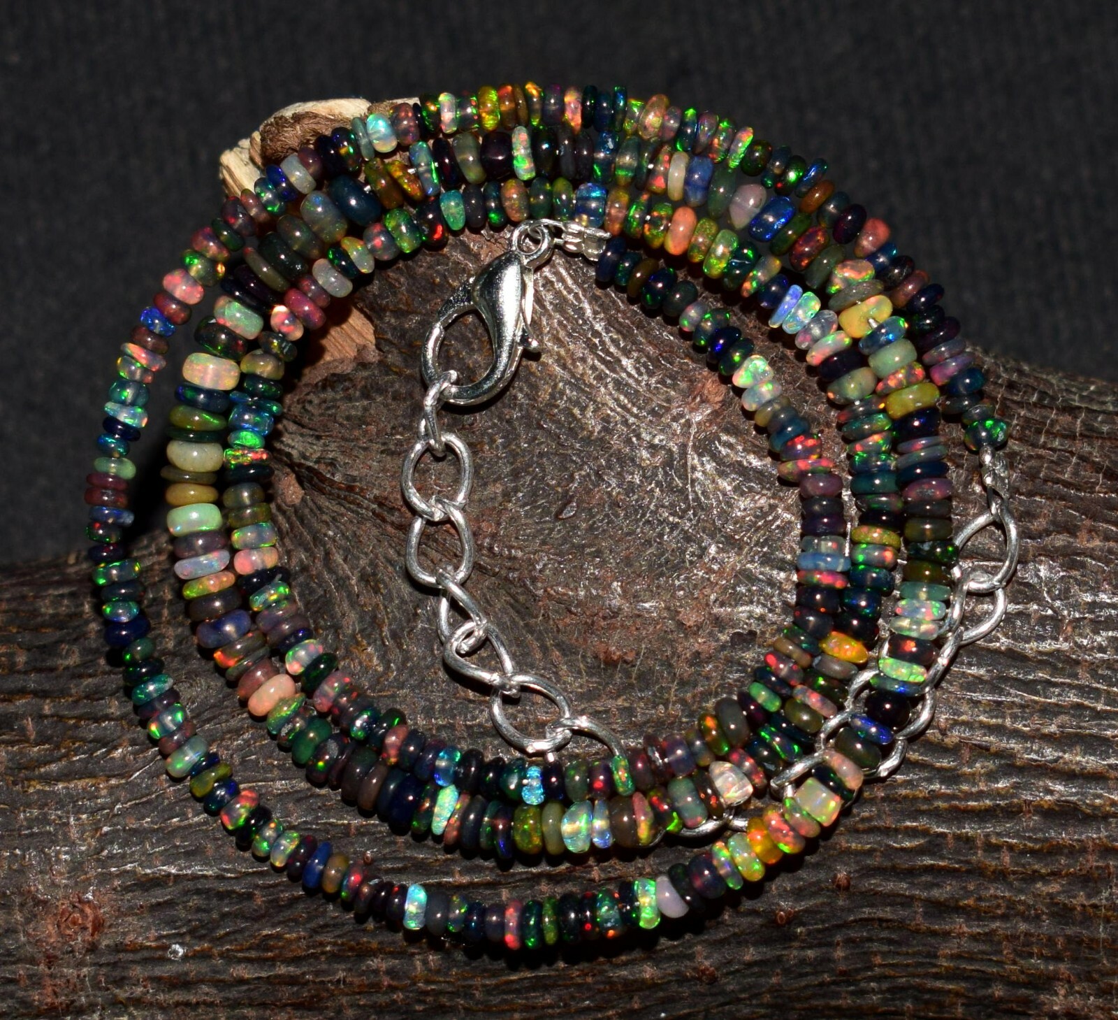 16″Natural Ethiopian Black Opal Wello Fire Opal Gemstone Bead Necklace F0779