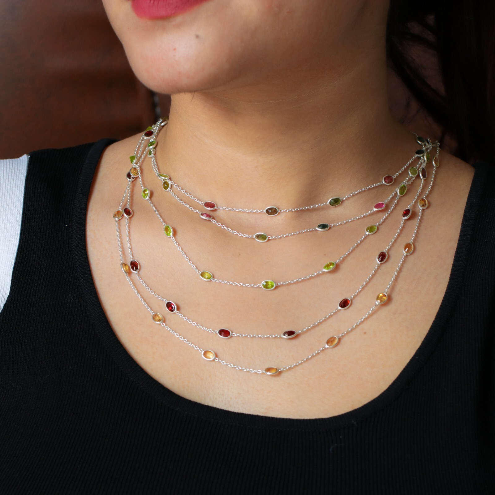 Multi-Color Tourmaline Bezel Set Station Necklace 925 Silver Summer Jewelry Gift