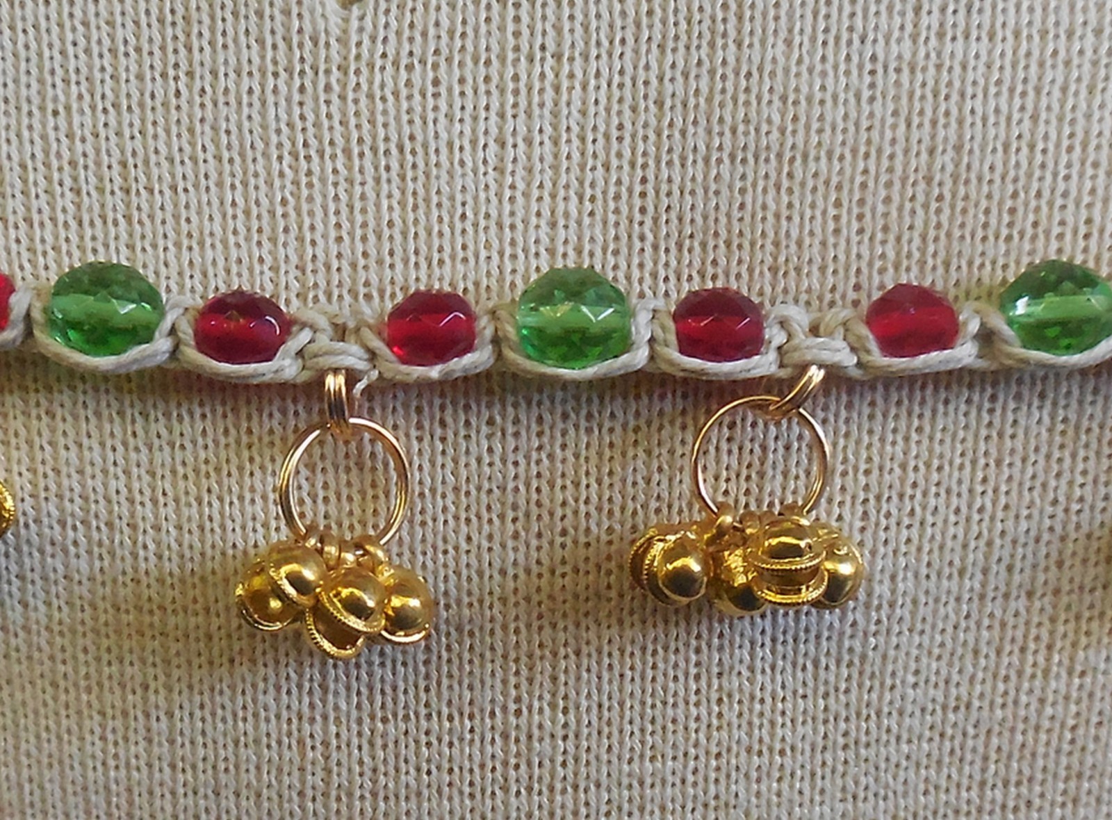 Rasta Hemp Anklet with Gold Bells, Czech Glass Beads Adjustable Macrame Jewelry