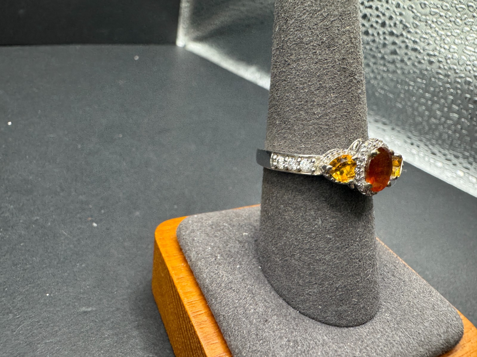 Vintage Sterling Silver 925 Hessonite Citrine Three Stone Halo Ring Accent