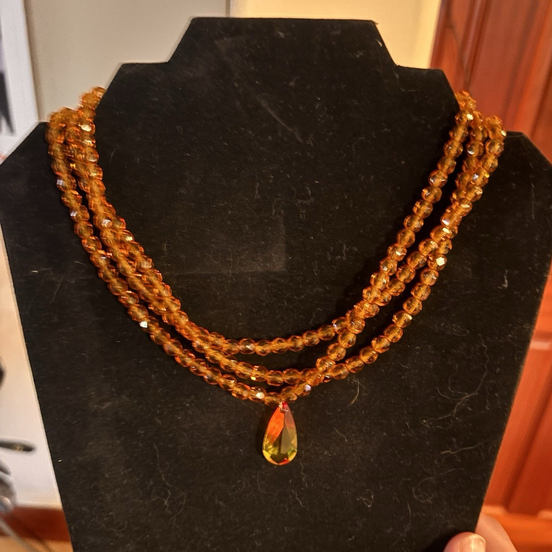 Orange Teardrop Crystal Pendant Layered Beaded Ball Chain Necklace Box Clasp