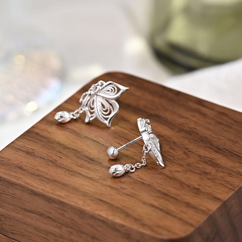 999 Sterling Silver Butterfly Tassel Earrings Women Sweet Drop Dangle Jewelry