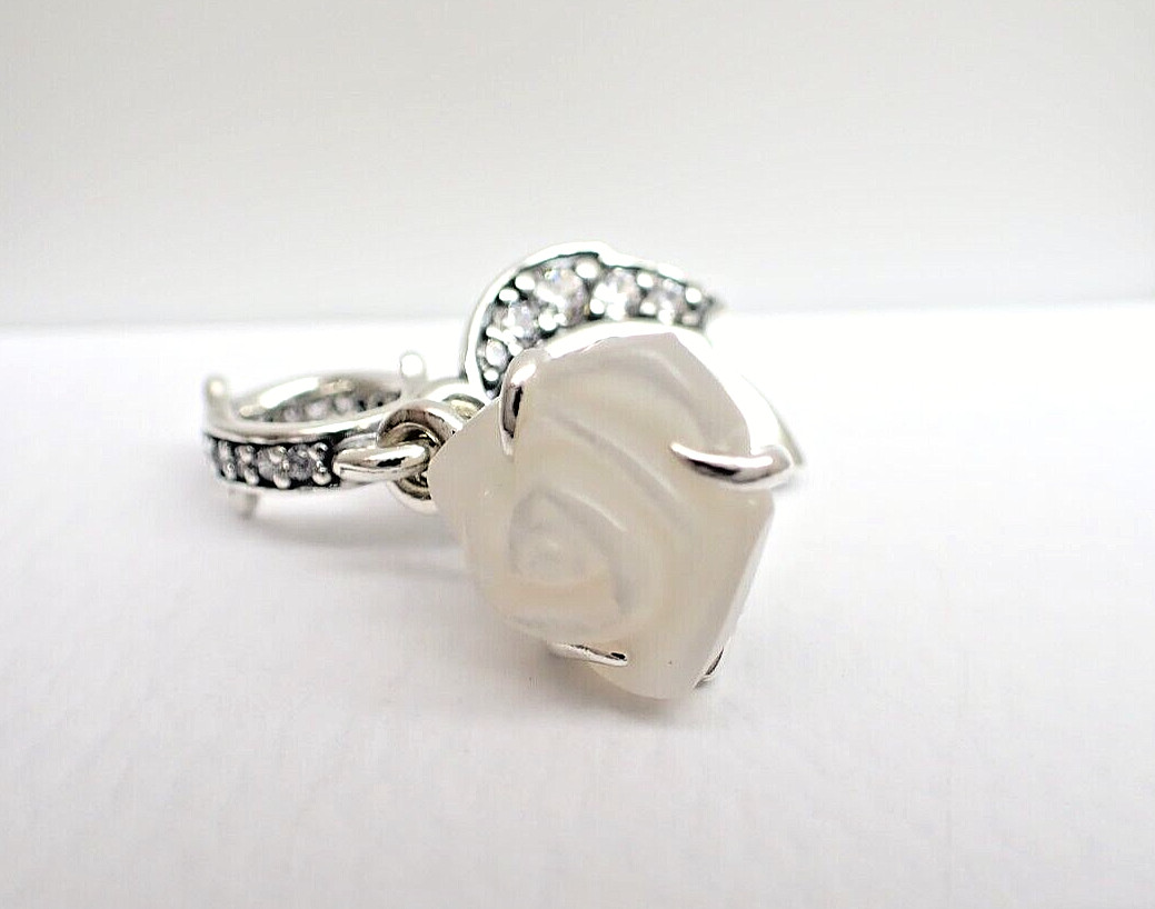 Authentic Pandora #793200C01 White Rose in Bloom Double Dangle Charm