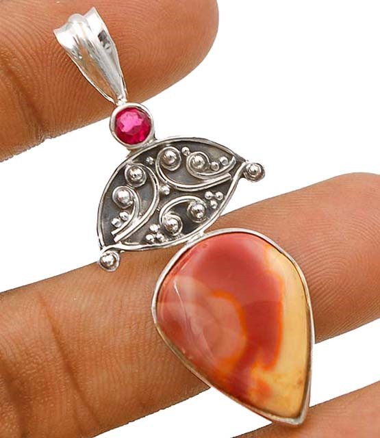 Natural Polychrome Jasper & Rubellite 925 Sterling Silver Pendant