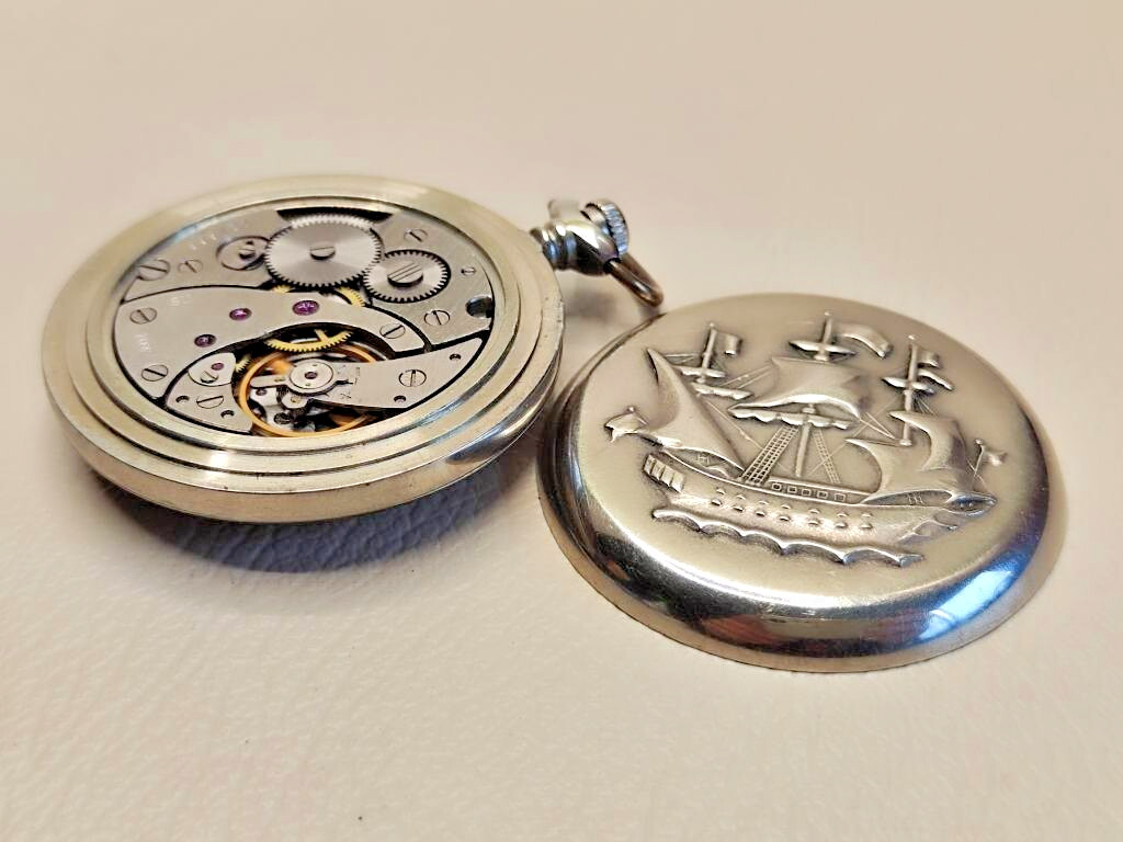 Pocket Watch Molnija 3602 SU SAILBOAT 18 Jewels Vintage USSR SERVICED 80s