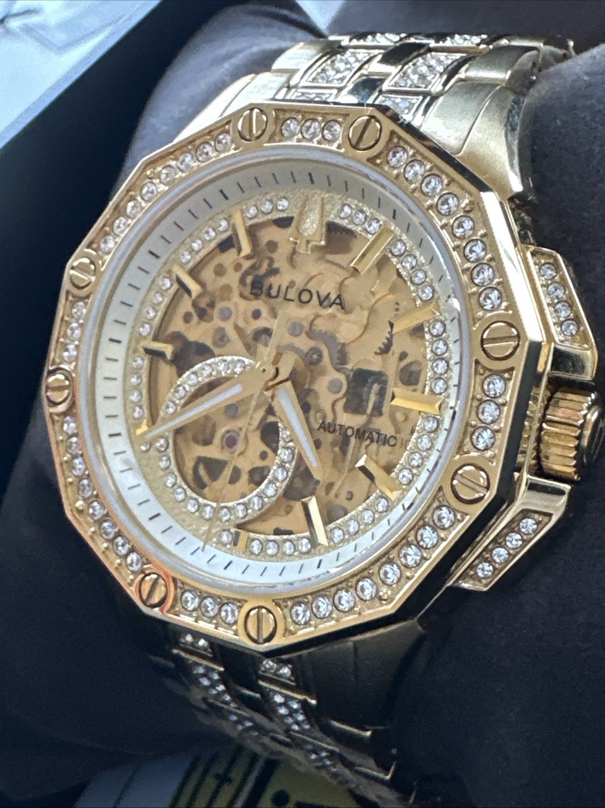Bulova Men’s Crystal Automatic Skeleton Gold Stainless Steel Watch 42 MM 98A292