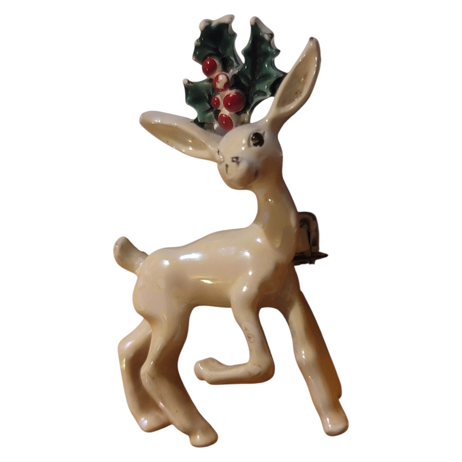 Gerry’s Enamel White Reindeer Brooch Pin Iridescent Christmas Signed Vintage