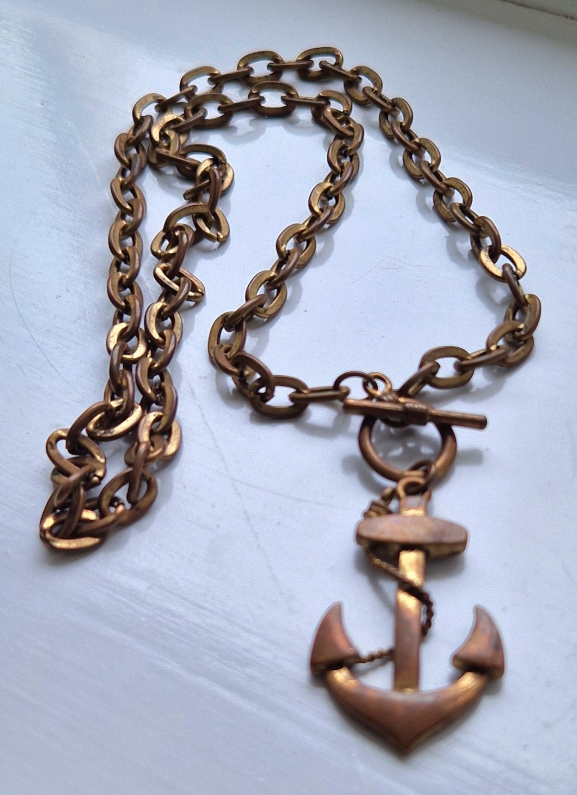 Vintage Copper-Tone Anchor Pendant Necklace Chunky Chain & Toggle Clasp Nautical