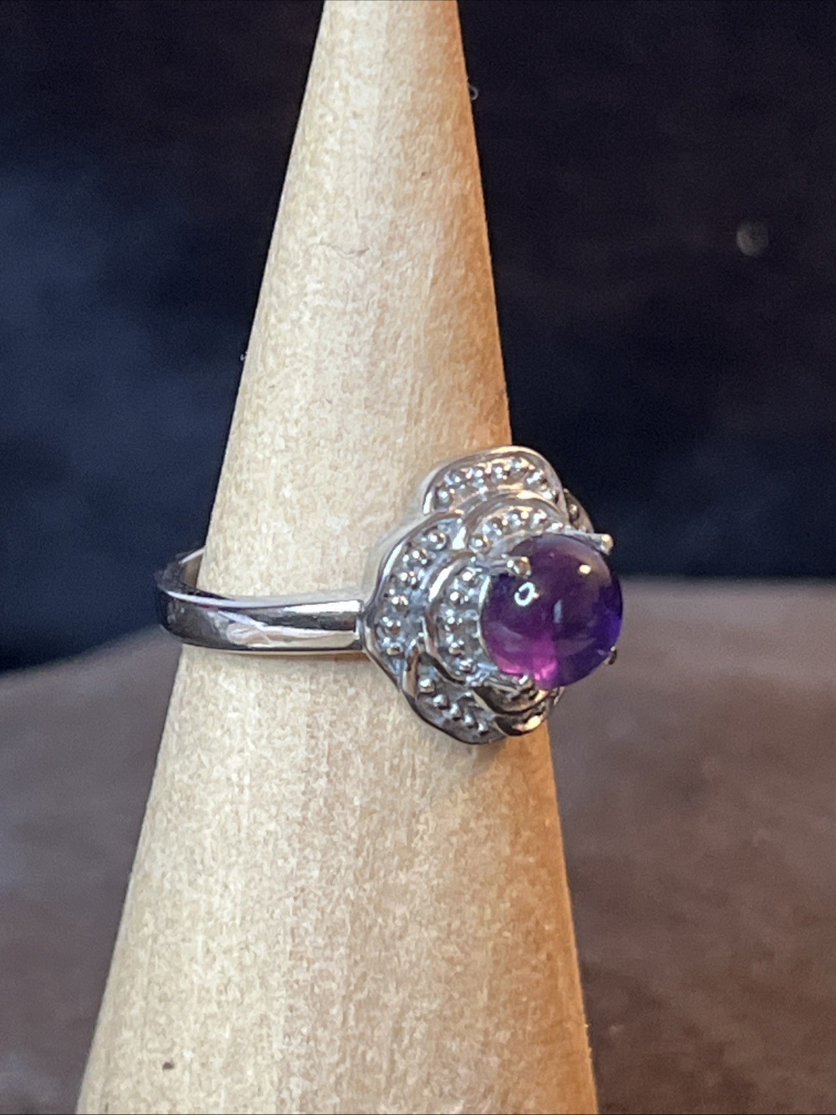 African Amethyst Floral Pure Stainless Steel Ring Size 6