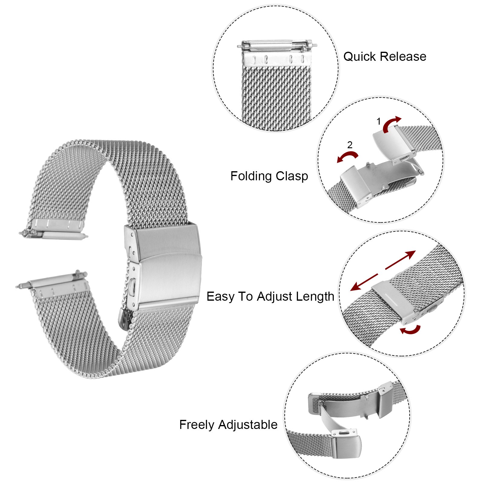 Stainless Steel Mesh Watch Band 20mm Quick Release Watch Strap, Silver Tone