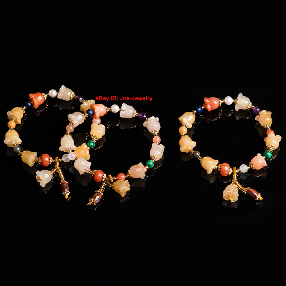 NEW Natural Chinese Jinsi Yu Jade Yellow Orchid Bead Stretch Bracelet 14-16cm