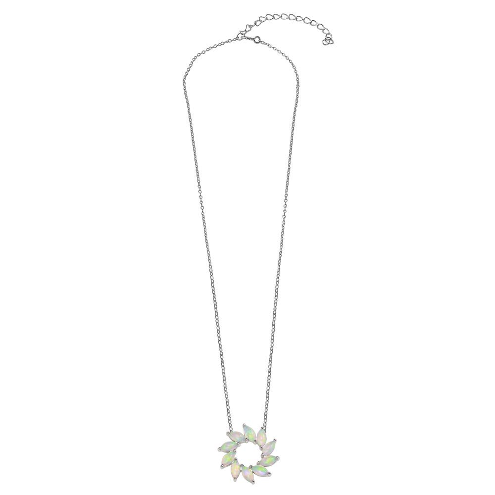 OPEN ROUND NECKLACE PENDANT W/ LAB OPAL GEMSTONES / 925 STERLING SILVER