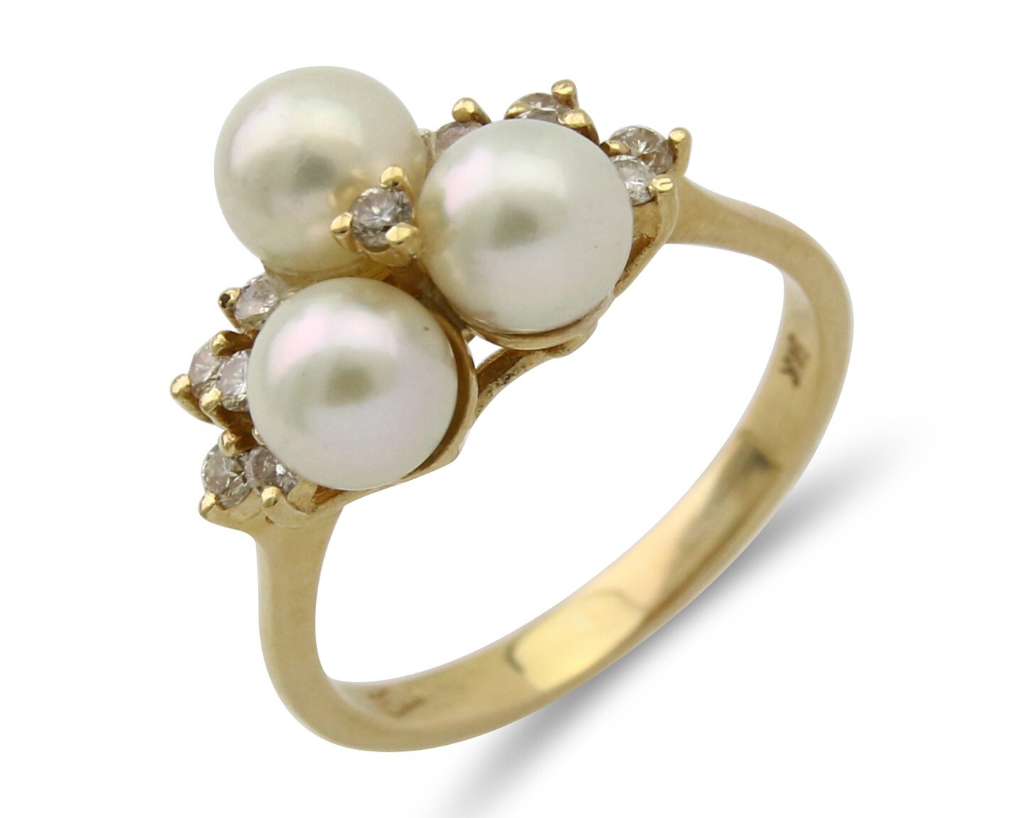 Women Diamond & Natural Pearl Ring 14k Solid Yellow Gold
