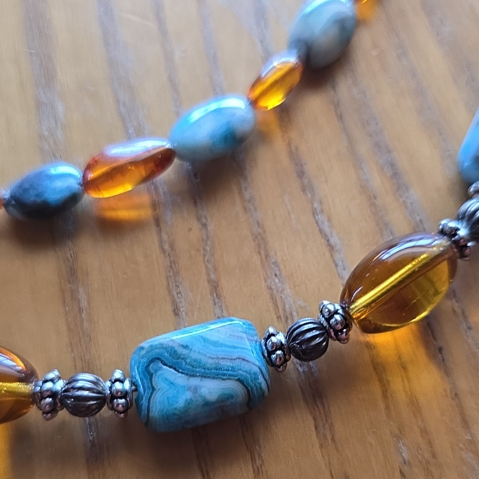 Blue Amber Stone & Glass Beaded Necklace Irregular Blue Stone Hook Clasp