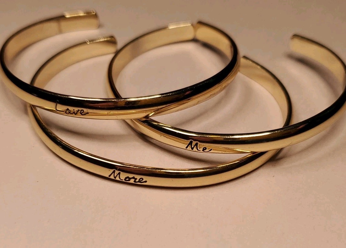 Cuff Bangle Bracelet Gold Tone Love Me More Set Engraved Stackable Minimalist.