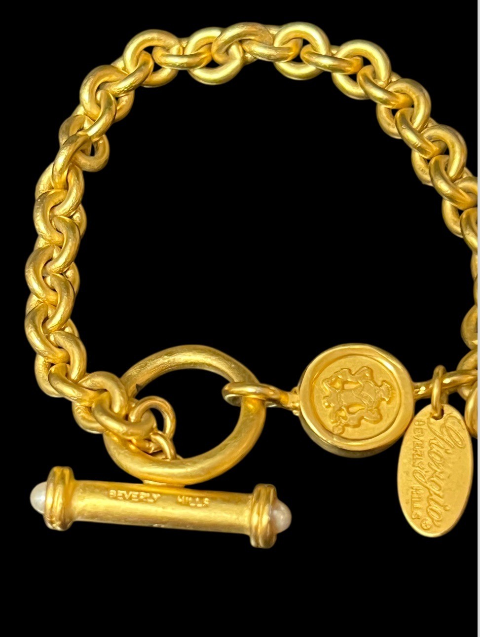 Vintage Giorgio Beverly Hills Etruscan Gold tone Toggle Bracelet Crest Medallion