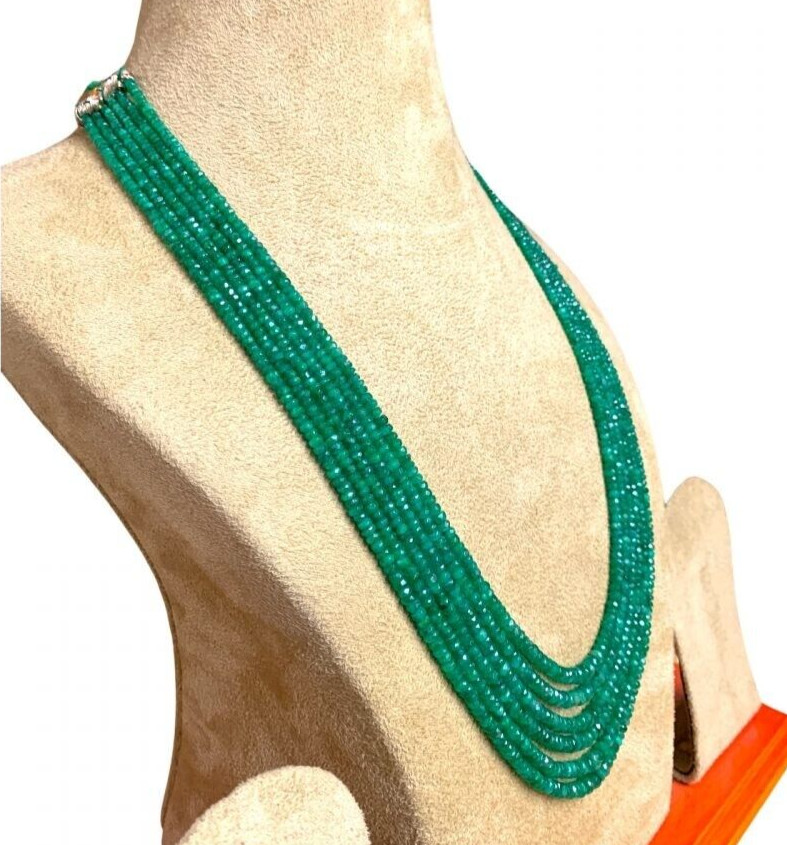 Emerald Beaded Necklace, Micro Cut Faceted Emerald Beads Necklace,3 to 6mm beads