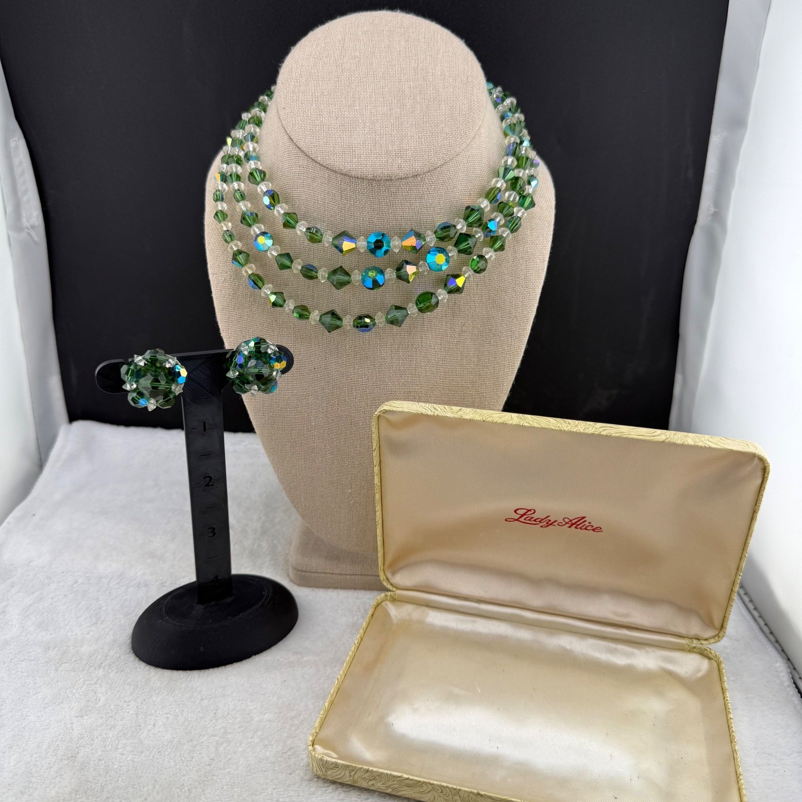 Vintage Lady Alice Jewelry Set Green AB Crystal 3-Strand Necklace Earrings Box