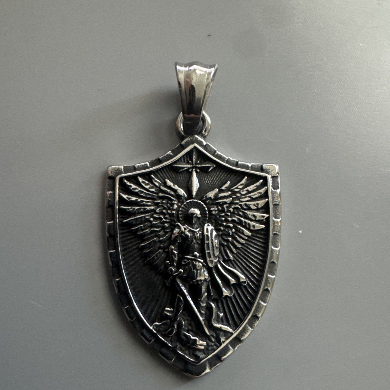 Cross Shield Viking Stainless Steel Pendant 24 Inch Box Chain Warrior Wings Gift
