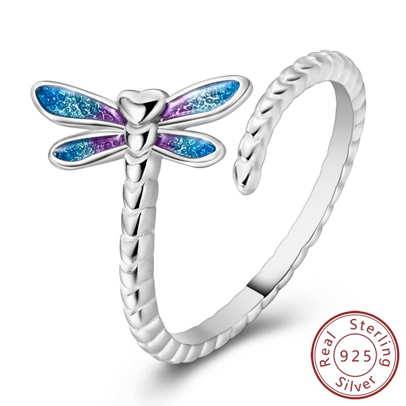 MULA S925 Sterling Silver Open Ring Colorful Enamel Dragonfly For Women Jewelry