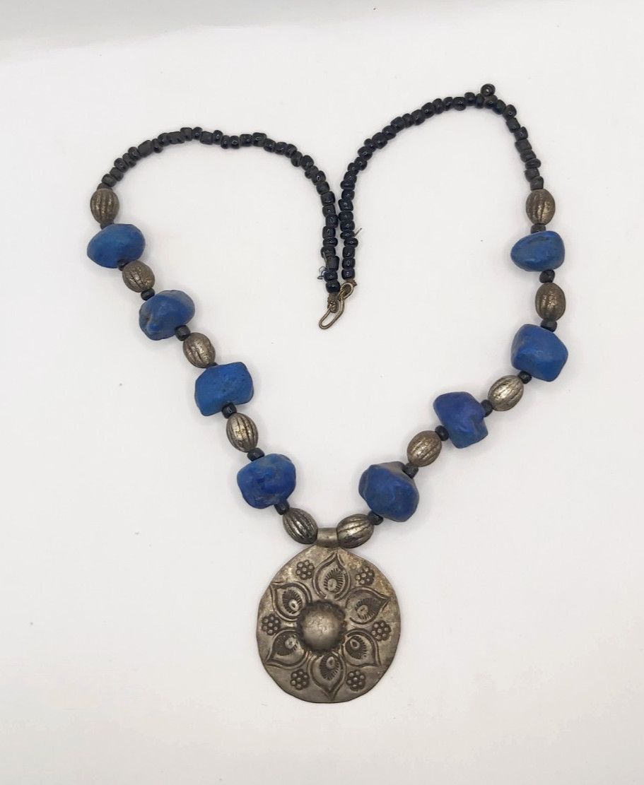 Vintage Berber Moroccan Lapis Blue Resin Bead Necklace Tribal Silver Tone Pendan