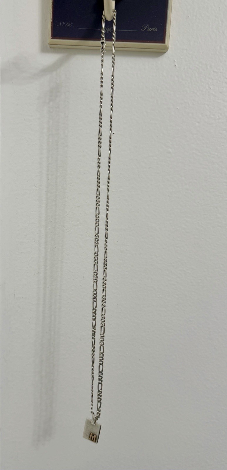 Silver Figaro Chain Necklace Letter M Rectangle Charm Pendant Lobster Clasp