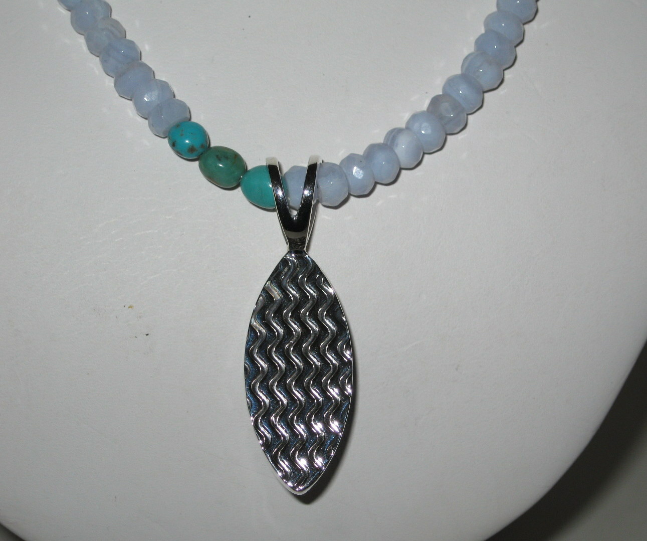 New Jay King Blue Lace Agate Pendant on 18″ Beaded Necklace $189
