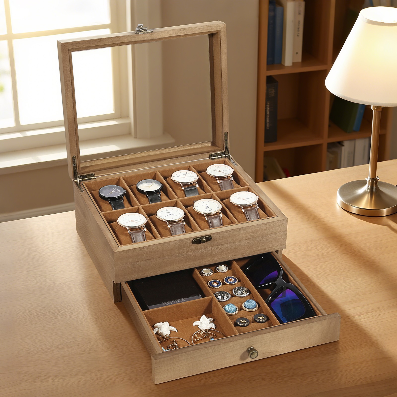 8 Slots Watch Box Solid Wood Watch Case Jewelry Storage Glass Lid Display Case