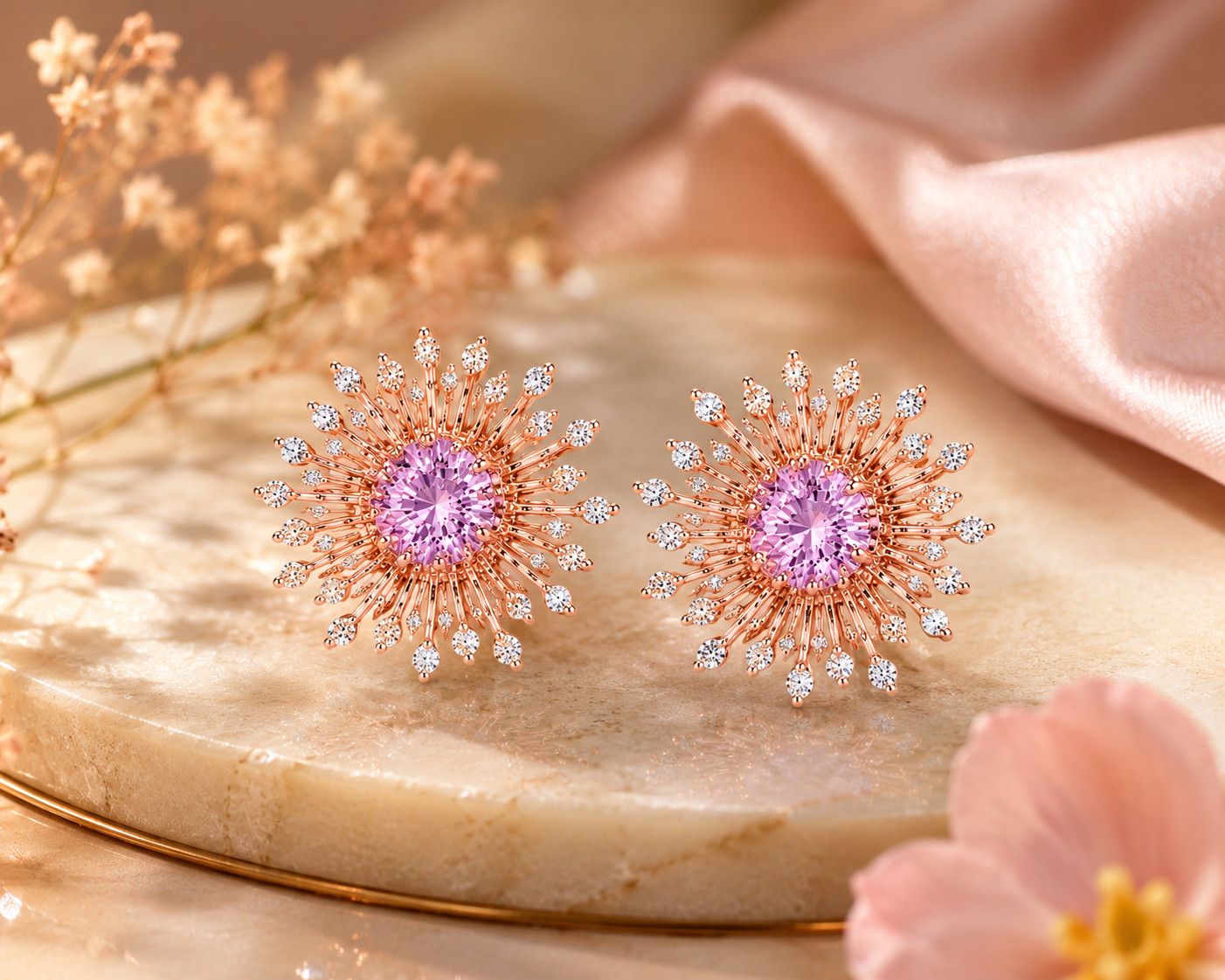 925 Sterling Silver Rose De France Pink Amethyst Moissanite Sunburst StudEarring