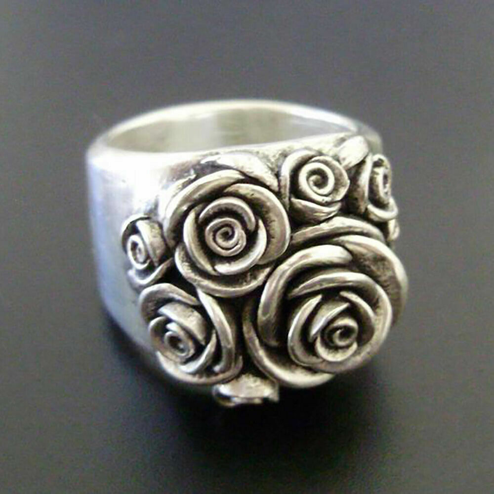 Boho 925 Sterling Silver New Women Fashion Vintage Style Rose Flower Ring Size 8
