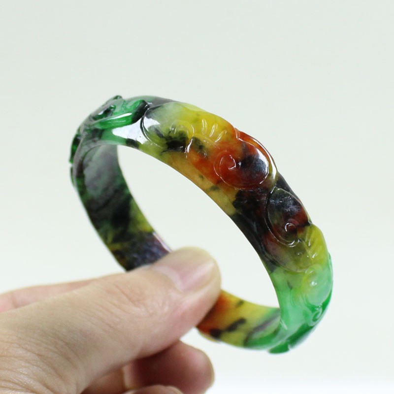 61mm Real Natural Ice Multicolor Burmese Jade jadeite Carving Bracelet Bangle