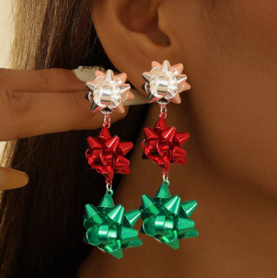 Bow Earrings Drop Dangle Silver Green Red Metal Bows Stud Earrings