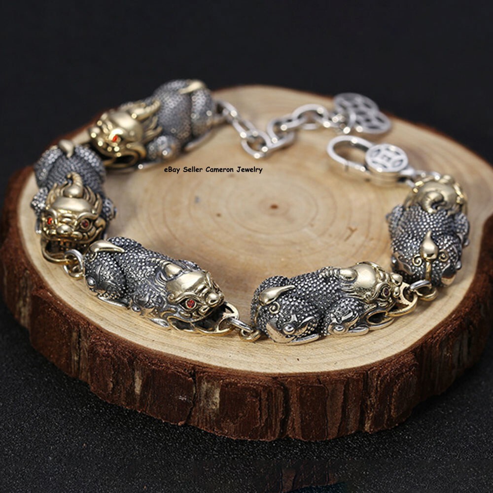 Solid 925 Sterling Silver Chain Men 15mm Two Tone Pixiu Link Bracelet 7.9+1.2″L