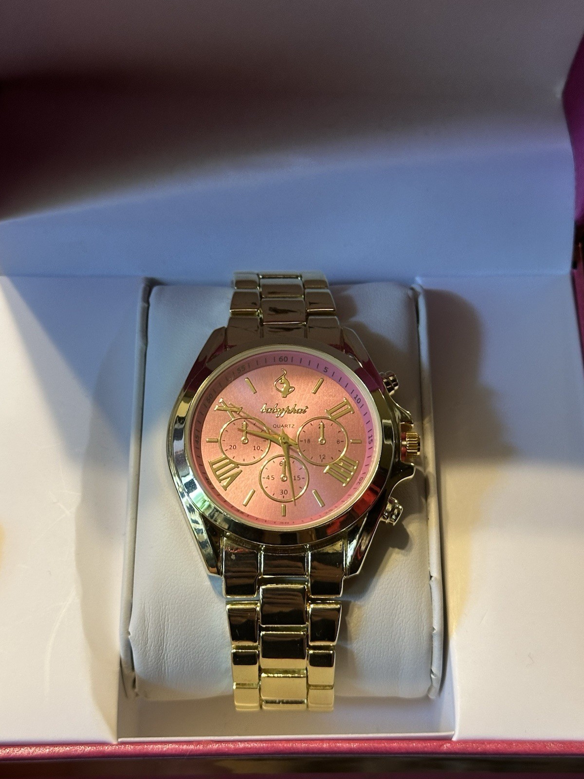 Baby Phat Quartz Chronograph Pink Dial Gold-Tone Metal Bracelet Watch w/ Box