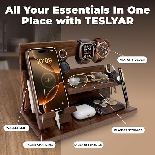Wood Desk Organizer Dock Stand Key Wallet Watch Holder Nightstand Brown Men