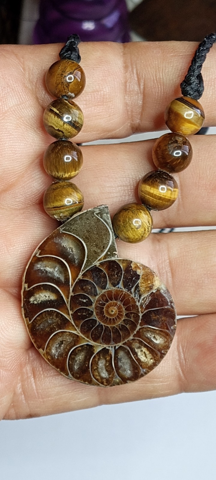 Fossil Ammonite Handmade Adjustable and Hand Braided Necklace
