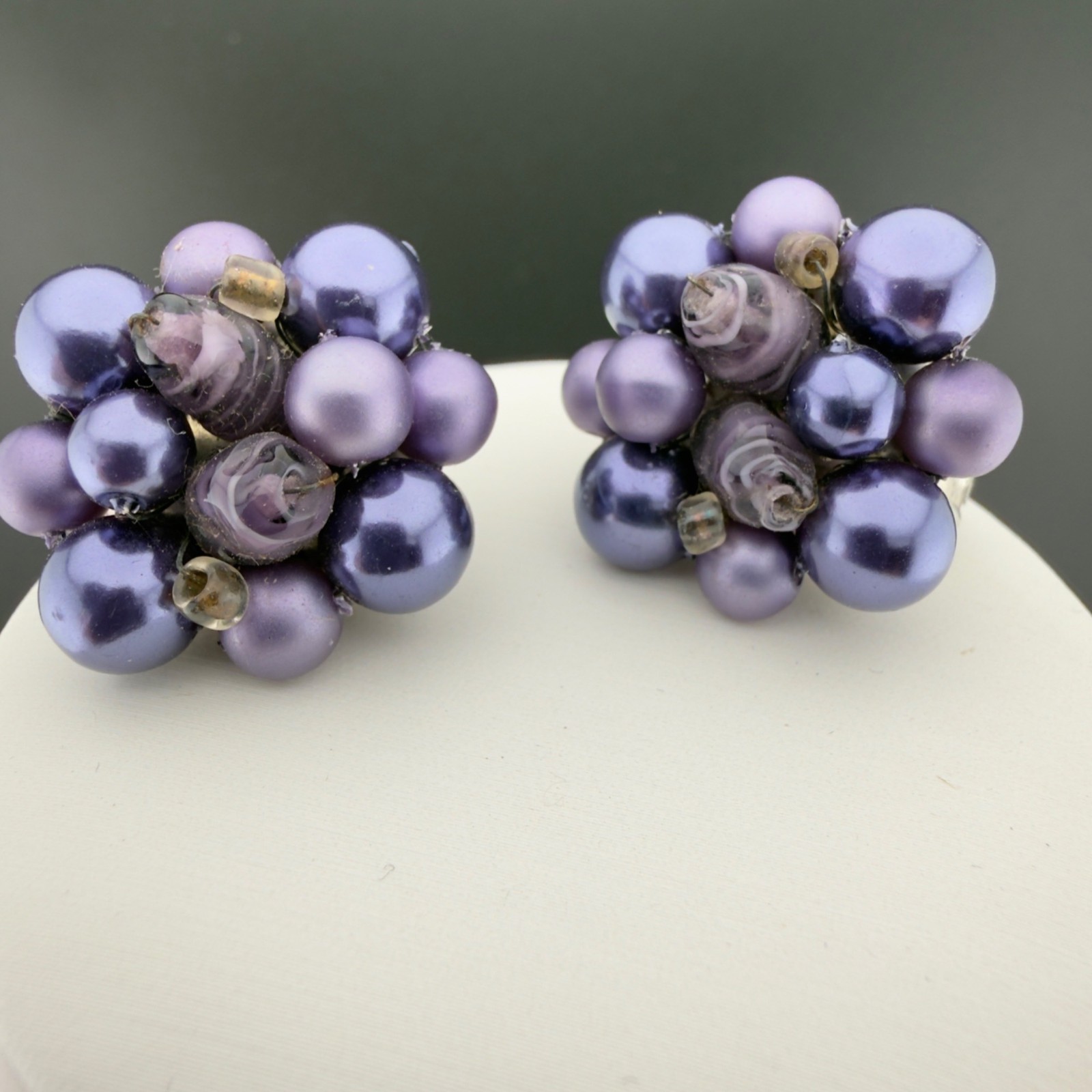 Vintage Purple Beaded Multi Strand Necklace Clip-On Earrings Set Japan