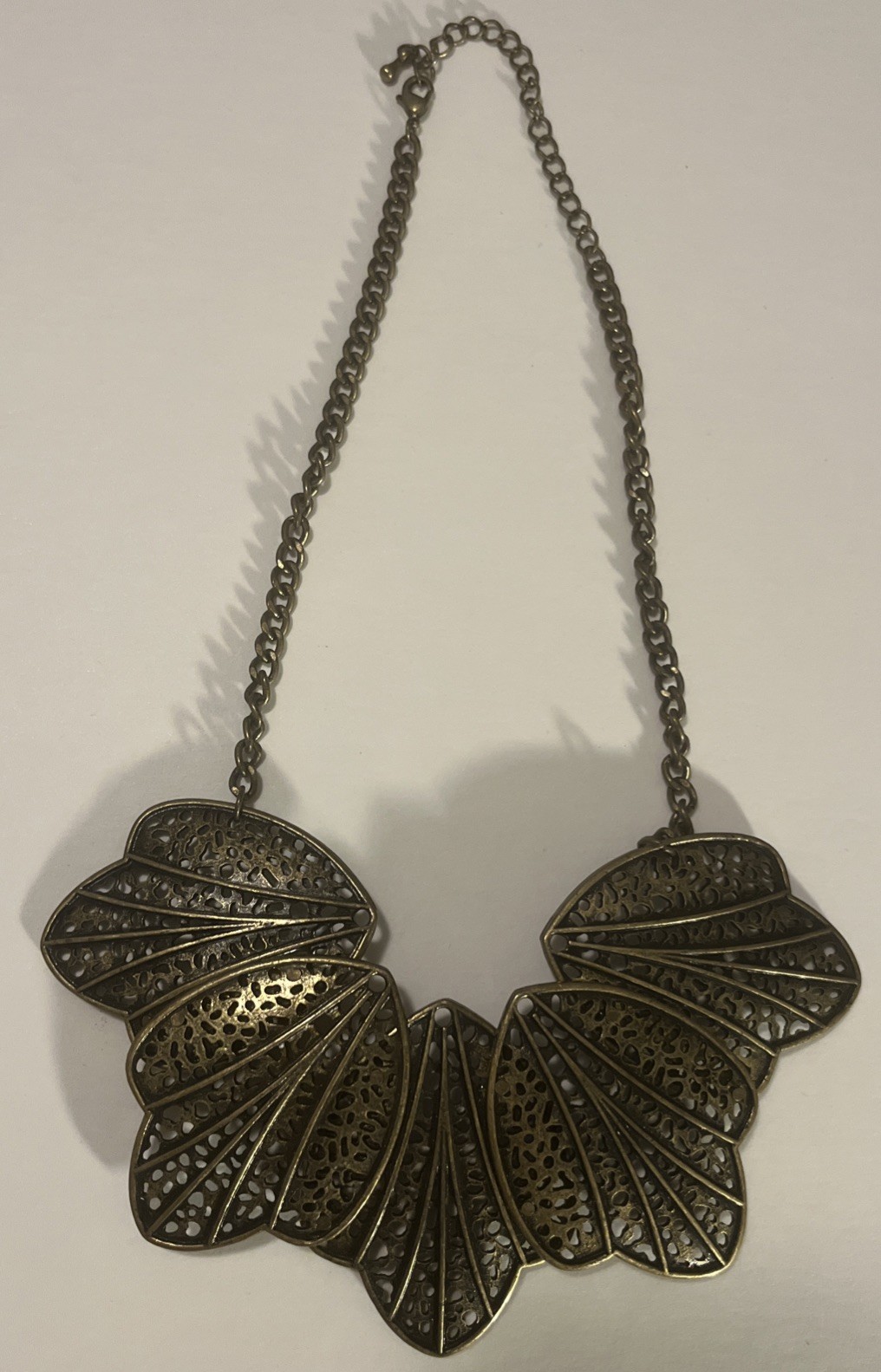 Antique Brass Statement Necklace Filagree Leaves 21 Inches Fashion Jewelry