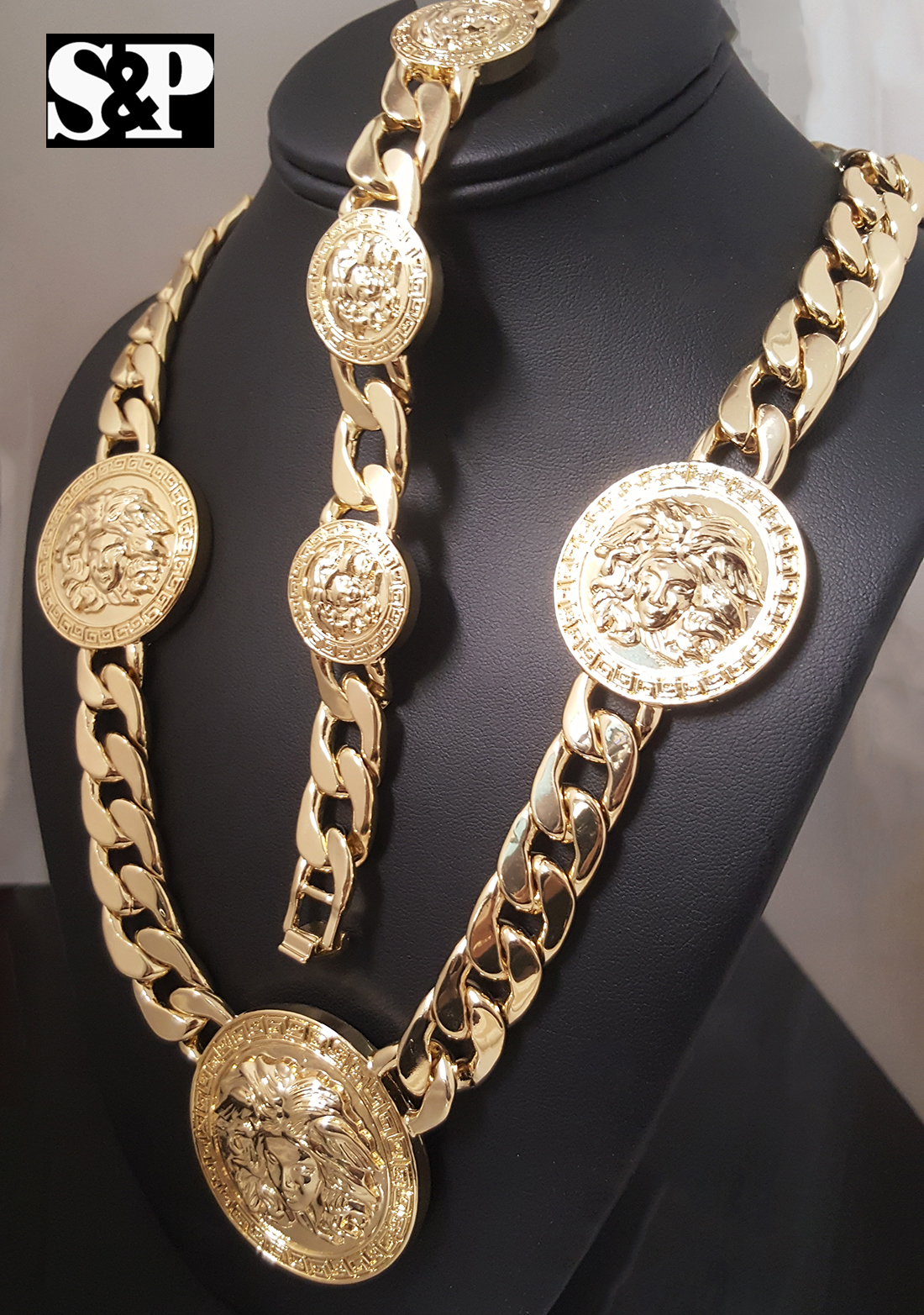 Men Iced Watch & Medusa Head Medallion Cuban Necklace & Bracelet Combo Set