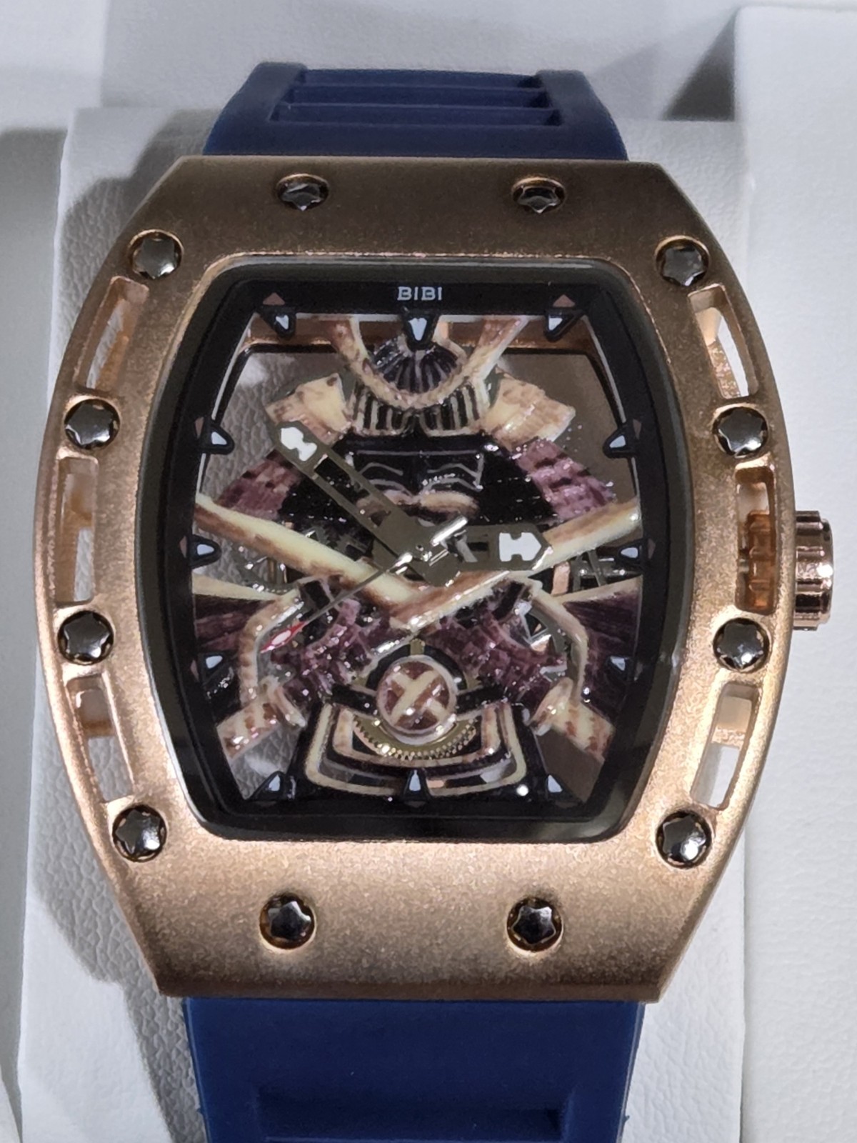 BIBI Luxury Watch B0308 Samauri Skeleton Dial, Rose Gold Case, With Blue Strap