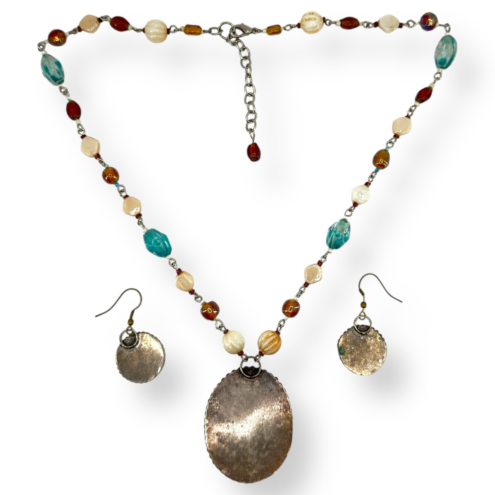 VTG Faux Bone Beaded Gemstone Necklace Earring Set Multicolor Hand Made Pendant