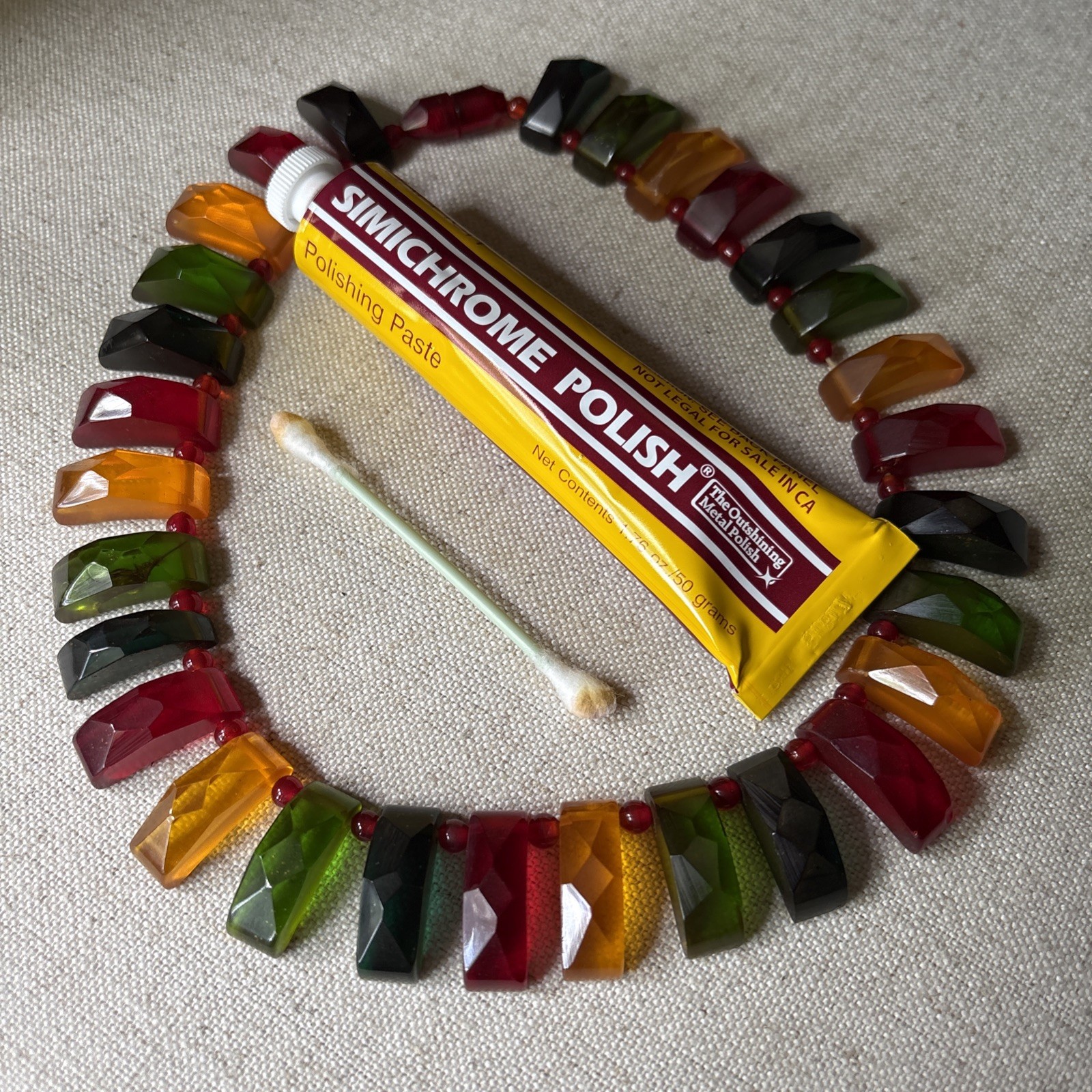 Vintage Tested Bakelite Faceted Geometric Necklace Red Green Amber 16” Lucite Sp