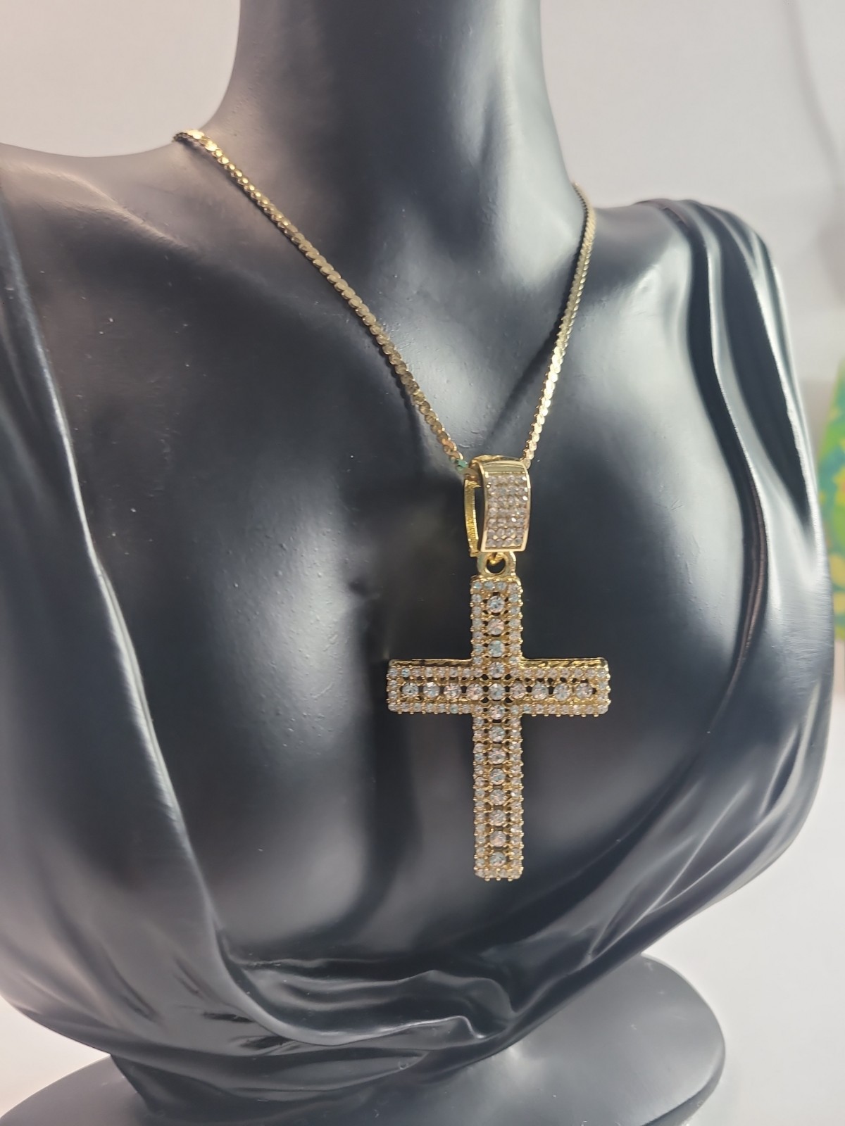 Gold Tone Iced Out Cross Pendant Necklace Clear Rhinestone Pave Hip Hop Style