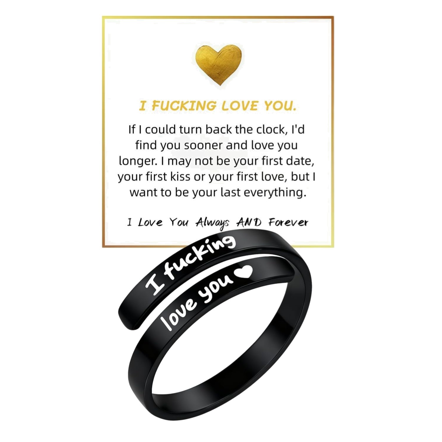 I Fcking Love You Ring, Stainless Steel Engraved Inspirational Words Heart Open