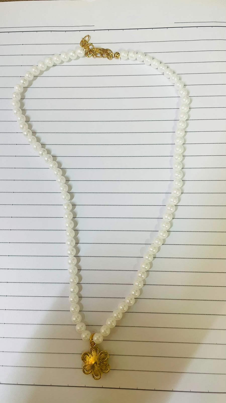 Faux Pearl Beaded Necklace Gold Tone Flower Pendant Vintage Jewelry Gift Women