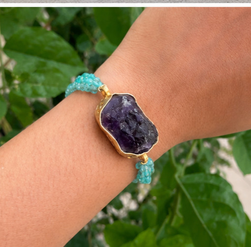925 Sterling silver bracelet Raw Amethyst Bracelet ,Blue onyx ,Beaded Bracelet .