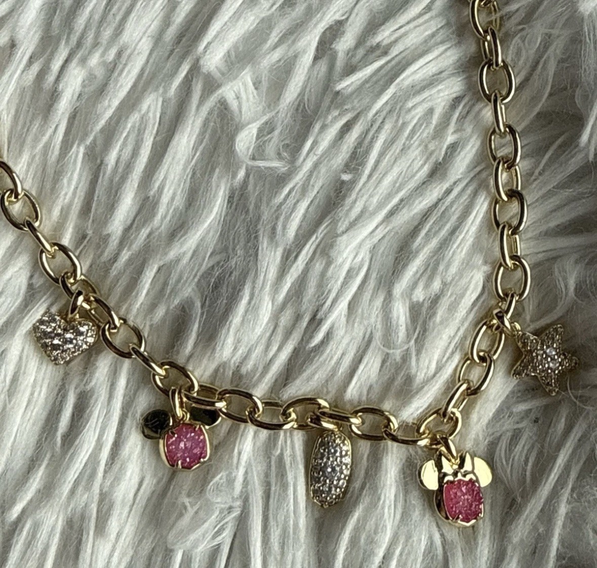 Kendra Scott Disney Mickey & Minnie Mouse Charm Necklace Pink White Gold Tone