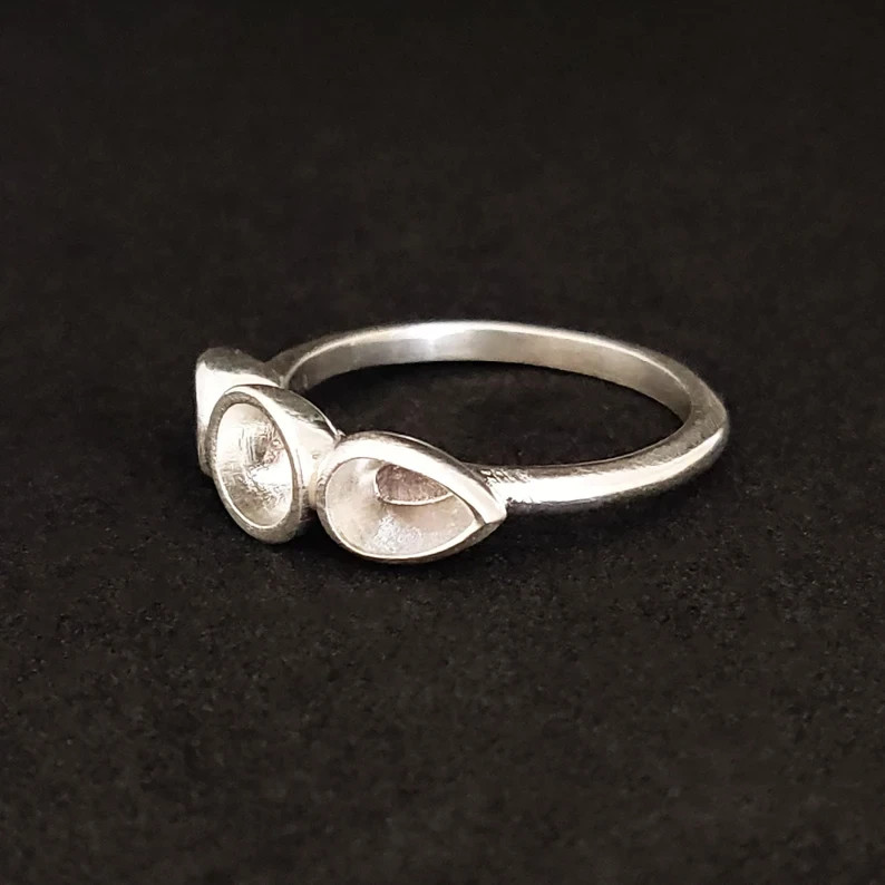 925 Sterling Silver 3-Stone Cup Bezel Ring Round & Pear Gem Stacking Ring