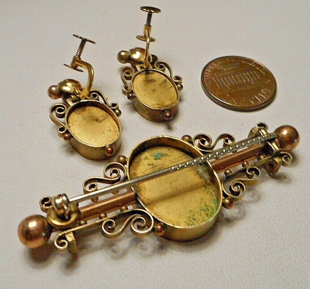 Antique Victorian Gold-Filled Italian Floral Micro Mosaic Brooch & Earrings Set